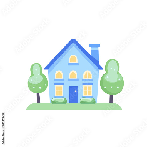 A cheerful illustration of a light blue house with two green trees on each side