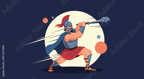 Powerful Spartan warrior in armor and a red cape swinging a heavy spiked mace weapon against a dark blue background with circles.