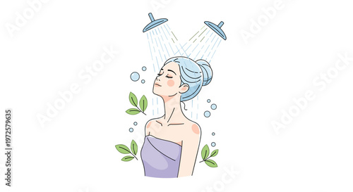 A graceful woman with blue hair enjoys a dual shower experience with cascading water streams accompanied by floating bubbles and green leaves in a spa setting.