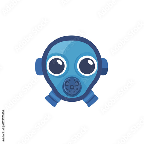 A cartoon-style depiction of a gas mask, featuring large, expressive eyes and a detailed filter