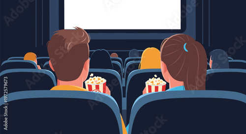 Rear view of a young couple sitting in a dark movie theater with tubs of popcorn while watching a large blank white cinema screen.