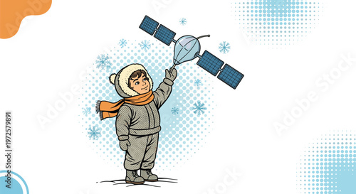 Young child in a warm winter snowsuit reaching up to touch a small satellite in a snowy blue sky with a halftone background.