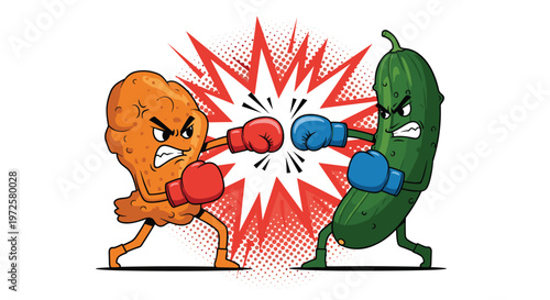 Angry fried chicken nugget and a green cucumber wearing boxing gloves and fighting in front of a red explosion background.