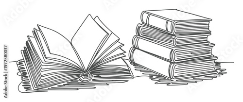 Open and Stacked Books in a Simple Line Style