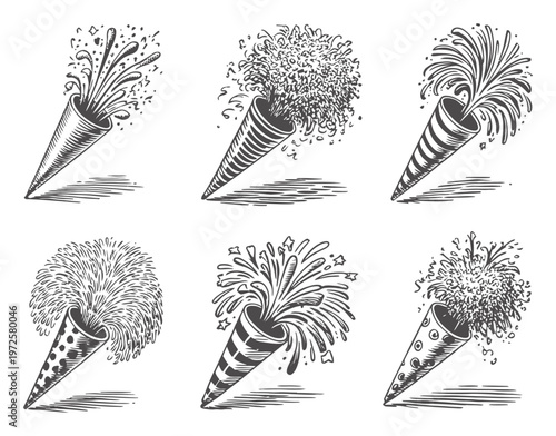 Six Vintage Party Poppers Exploding with Confetti and Fireworks