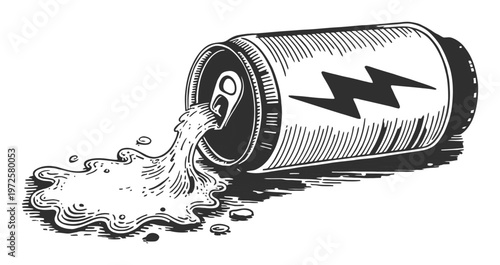 Spilled Energy Drink Can with Lightning Bolt Symbol and Splashing Liquid