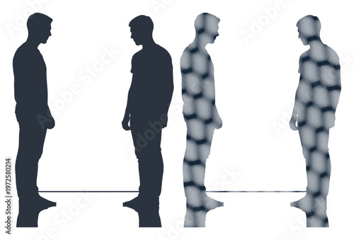 Two silhouetted men standing apart with a line indicating distance, one fading into a pixelated pattern.