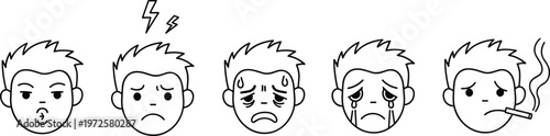 Male Emotions and Health Problem Line Icons Set with Pain Sad Crying and Smoking Man Vector Collection