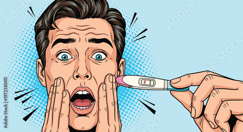 Shocked man with his hands on his face looking at a hand holding a positive pregnancy test against a blue dot background.