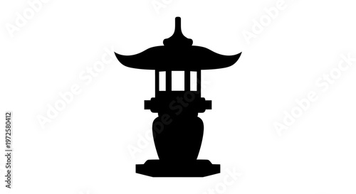 Black Silhouette of Asian Pagoda Structure.