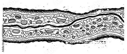 Detailed hand drawn cross section of a biological organism or organic vessel with microscopic cell structures