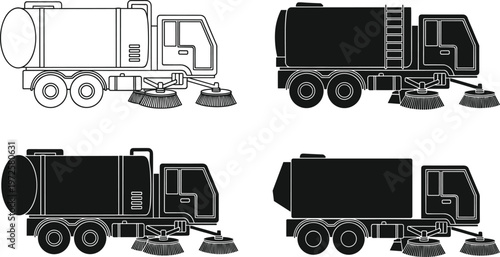 Street Sweeper Truck Icon Set Cleaning Vehicle Line and Solid Vector Collection