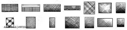 Collection of hand drawn hatching and cross hatching texture brush strokes in rectangular shapes