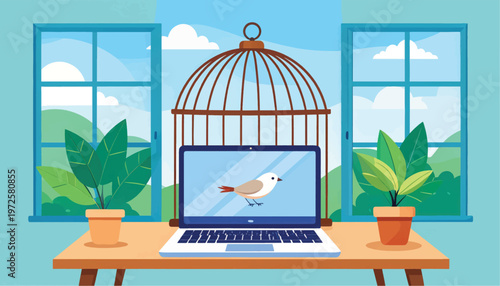 Bird in Cage on Laptop Screen.
