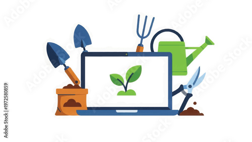 Gardening Tools Surrounding Laptop with Seedling.
