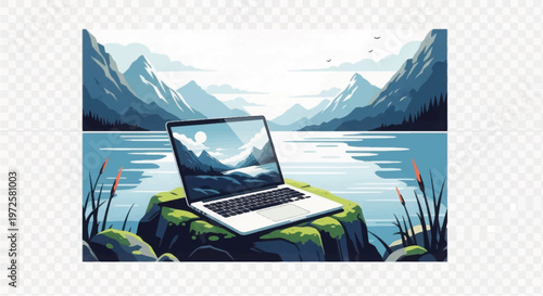 Laptop on mossy rock by lake.