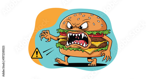 Menacing hamburger monster with sharp teeth and claws walking and chasing in front of a blue and orange background with a warning sign.