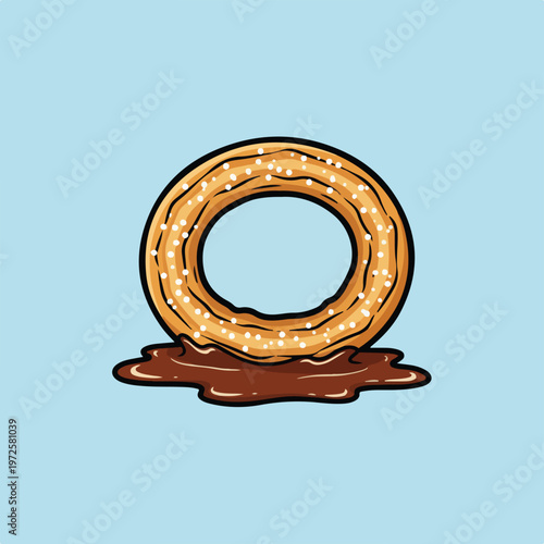 A vector illustration of a circular sugared churro ring standing in a pool of melted dark chocolate, isolated on a light blue background.