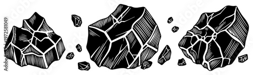 Set of dark cracked boulders and stone fragments in graphic woodcut style