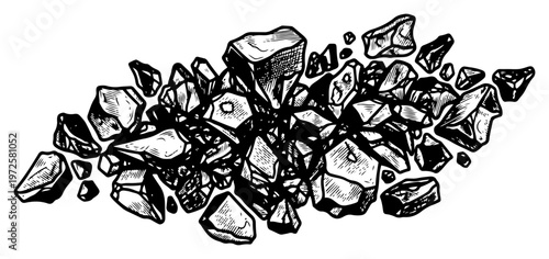 Hand drawn pile of broken rocks and stone rubble in vintage engraving style