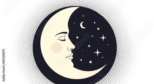 Crescent moon with a serene female face in profile surrounded by stars inside a dark blue circle on a light background.
