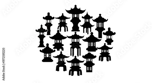 Black silhouettes of Chinese pagodas.