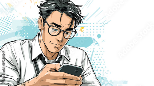 Young Man Using Smartphone in Professional Wide-Angle Centered Shot