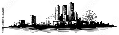 Panoramic hand drawn ink sketch of a modern city skyline with skyscrapers and a Ferris wheel