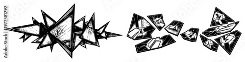 Hand drawn abstract sharp geometric shards and broken glass fragments in vintage engraving style