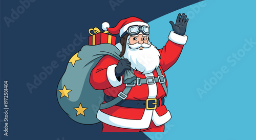 Santa Claus dressed in an aviator hat and goggles waves hello while carrying a large sack of Christmas gifts.