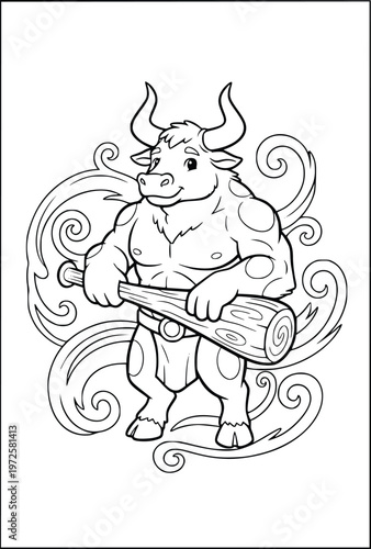  Minotaur character holds a wooden club in this coloring page for kids to enjoy