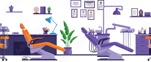 Modern Dental Clinic Interior Illustration with Dentist Chairs Equipment and Medical Office Vector