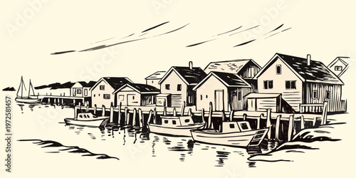A quaint coastal village scene depicted in a vintage sketch style
