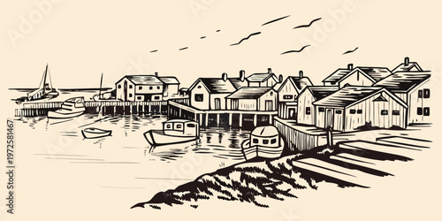 Coastal village scene with boats and houses rendered in a sketch style