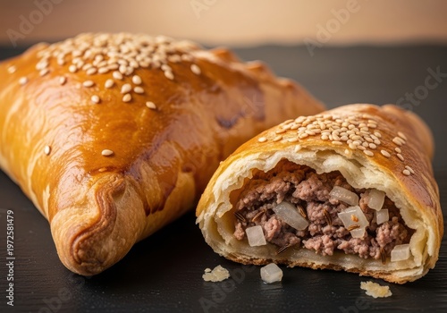 Freshly baked samsa with meat and onions on a black background, traditional central asian pastry