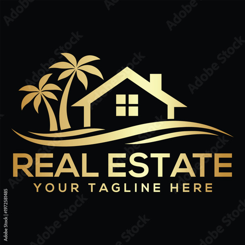 Luxury Gold Real Estate Logo with Palm Trees and House Icon on Black