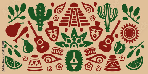 A colorful stylized arrangement of southwestern and mexican cultural icons