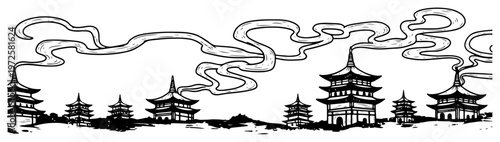 Foto Panoramic hand drawn ink illustration of traditional Asian pagodas and temples w