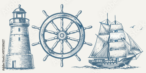 Vintage nautical illustration featuring a lighthouse ship s wheel and sailing ship