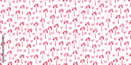 Whimsical pattern of tropical palms and scattered pink hearts on white