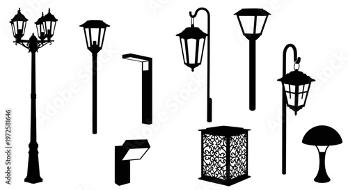 Black silhouettes of various street lamps.