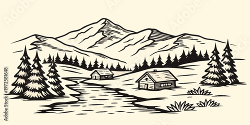 A vintage style illustration of cabins nestled within a mountainous landscape