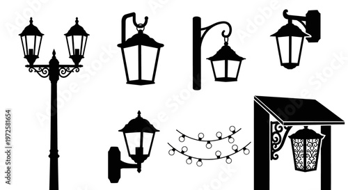 Black silhouettes of various street lamps.