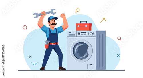 Friendly repairman holding a large wrench stands next to a washing machine with a red toolbox on top of it.