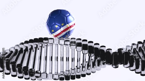 Cape Verde flag soccer ball spinning over DNA molecule – 3D animation 4K seamless loop, international football concept