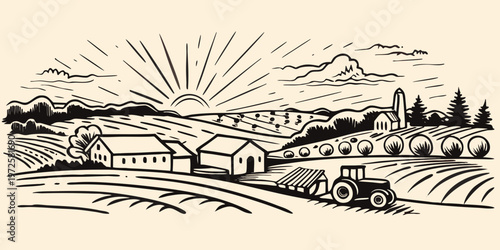 A vintage style illustration of a rural landscape with a rising sun