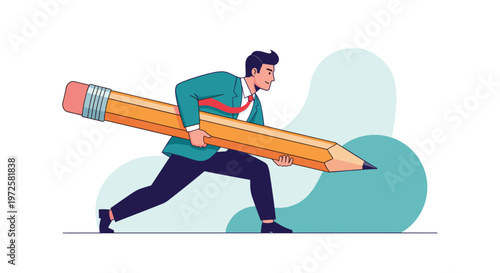 Energetic businessman carrying a massive pencil while running forward representing creativity and hard work.