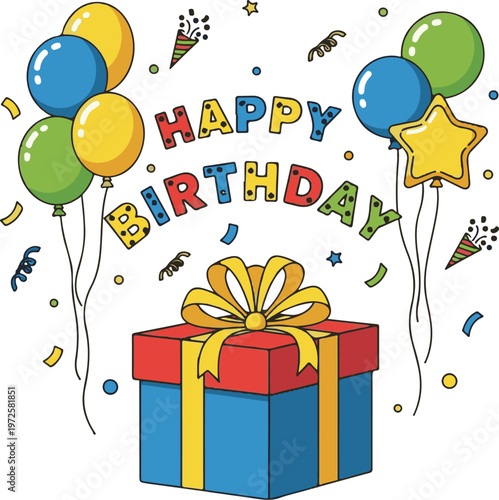 A colorful illustration of a birthday celebration with balloons and a gift