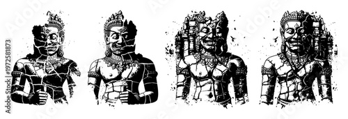 Photos High contrast hand drawn set of weathered and cracked ancient stone statues of d