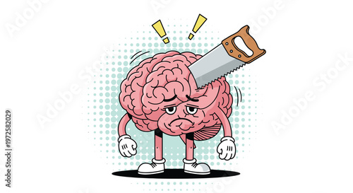 Human brain character with a sad expression having its top part cut by a large metal handsaw in a cartoon style.